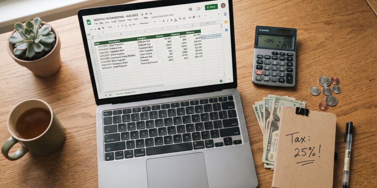 Laptop, cash, and calculator on a desk representing tracking side hustle income for taxes