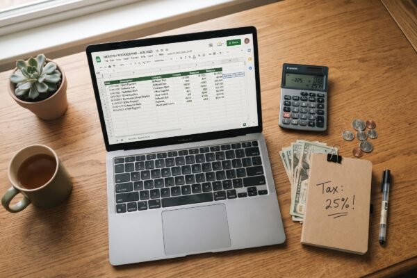 Laptop, cash, and calculator on a desk representing tracking side hustle income for taxes