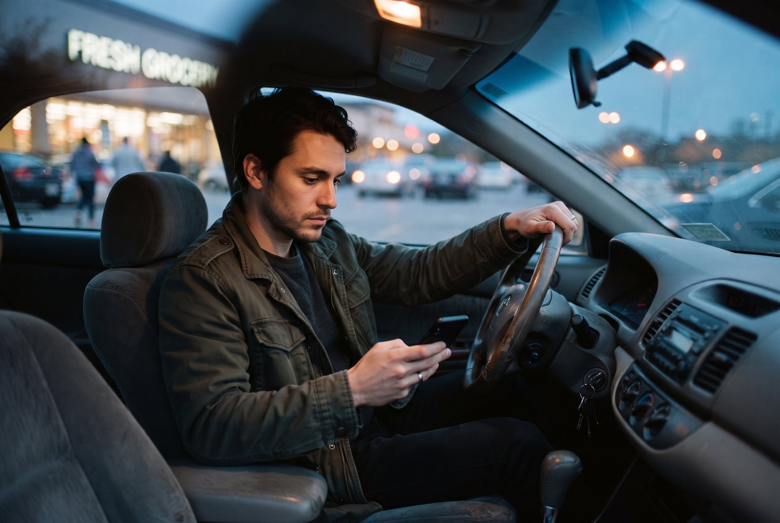 Deferment vs. Forbearance: Which Student Loan Pause Actually Costs Less? 2 A young man in a parked car at dusk, reading loan options on his phone
