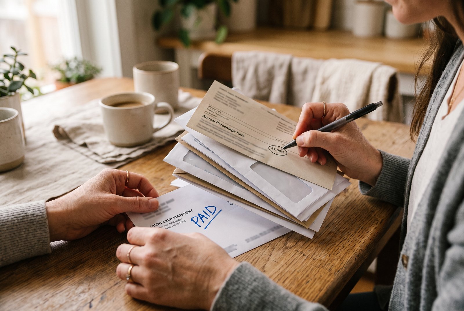 Moving a paid-off credit card statement aside and circling the next highest-rate bill