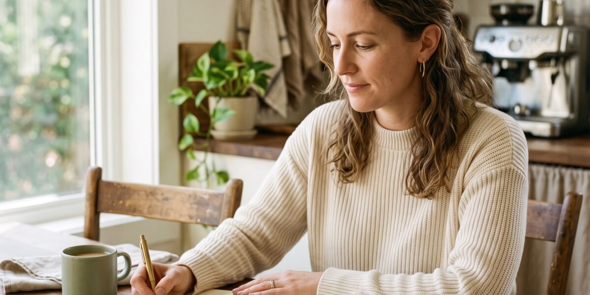A calm woman reviewing her bills and making a debt payoff plan at her kitchen table