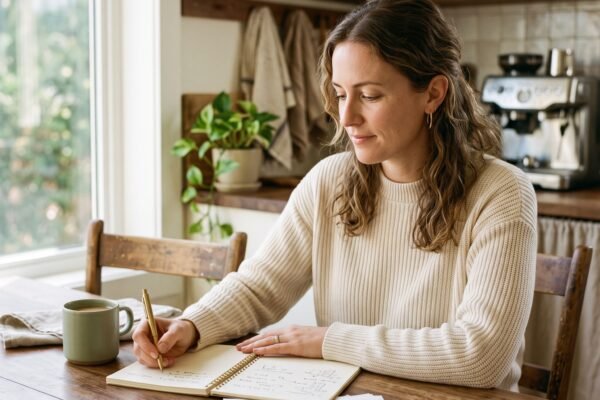 A calm woman reviewing her bills and making a debt payoff plan at her kitchen table
