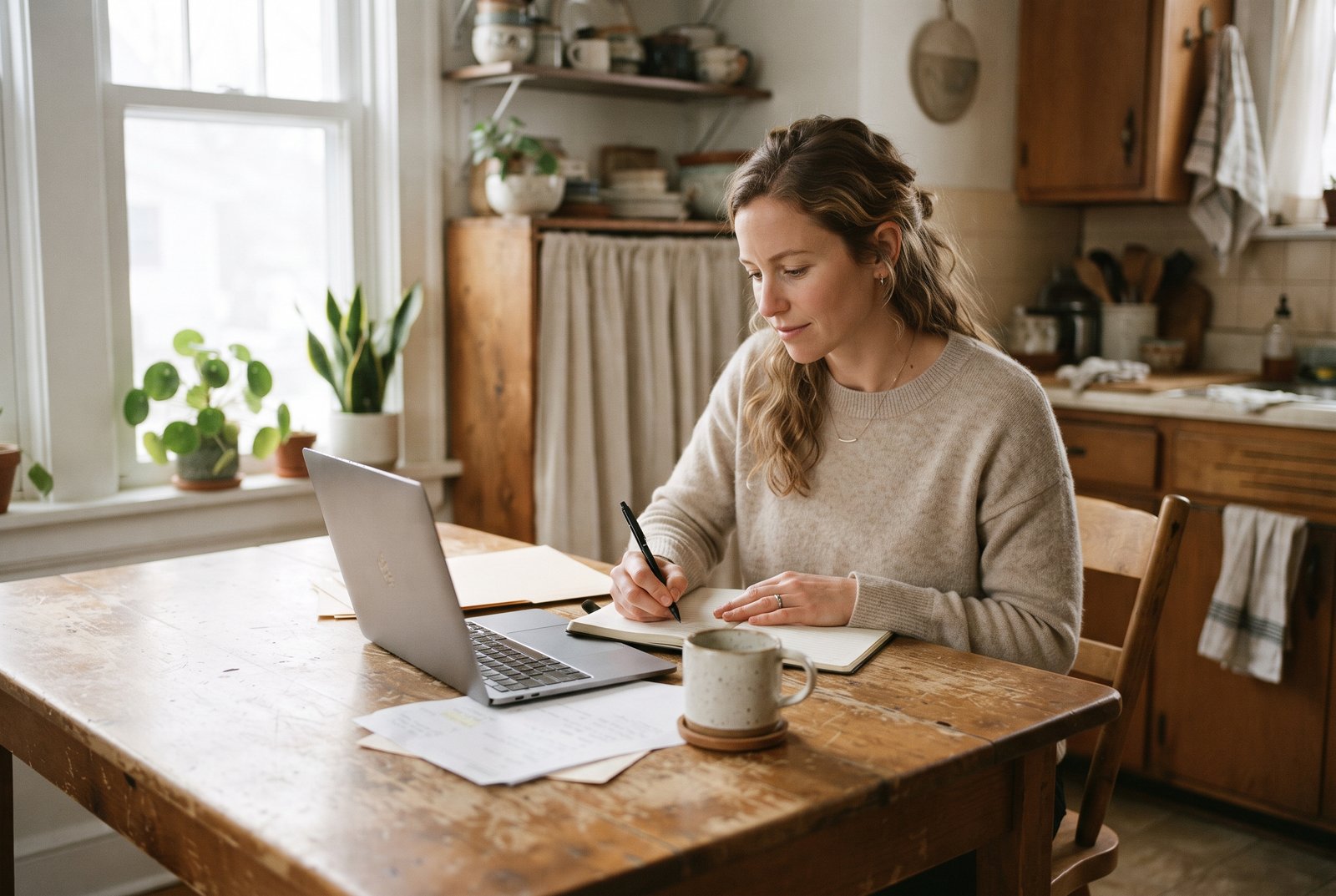 Deferment vs. Forbearance: Which Student Loan Pause Actually Costs Less? 3 A woman at a kitchen table with a laptop and a folder of loan statements