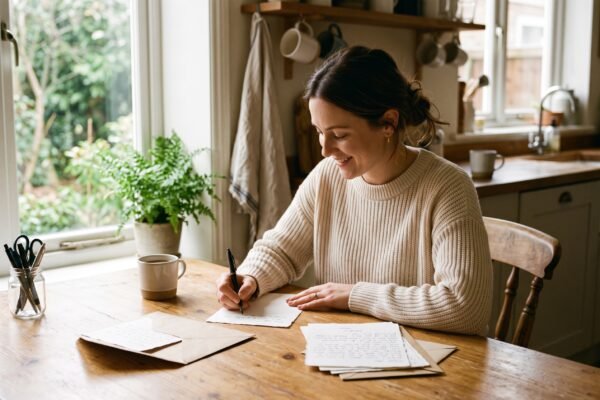 Person writing a goodwill letter by hand at a kitchen table to ask a creditor to remove a late payment