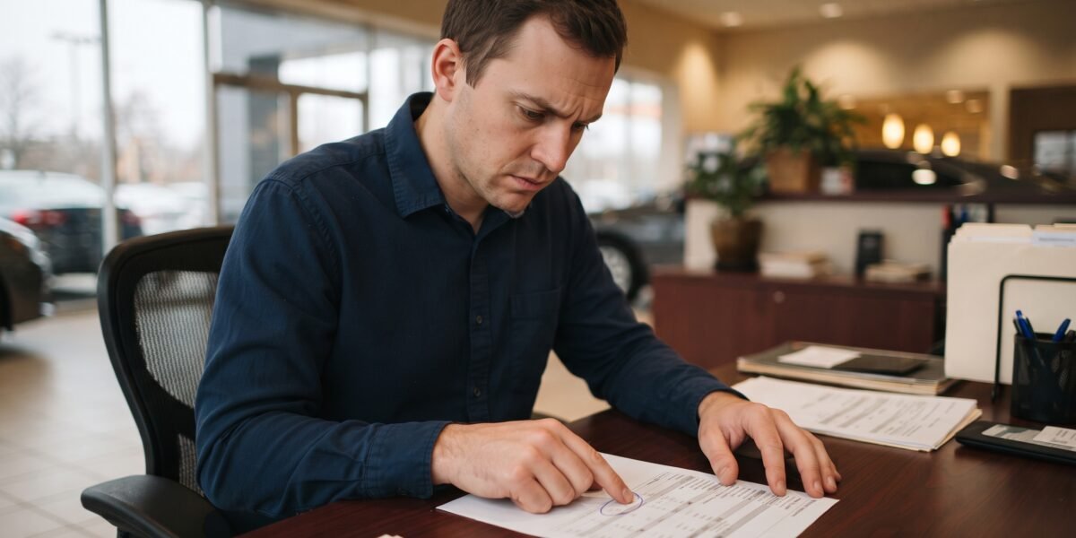 A man in his early thirties at a car dealership finance desk studying a printed credit report with one charge-off line circled in blue pen