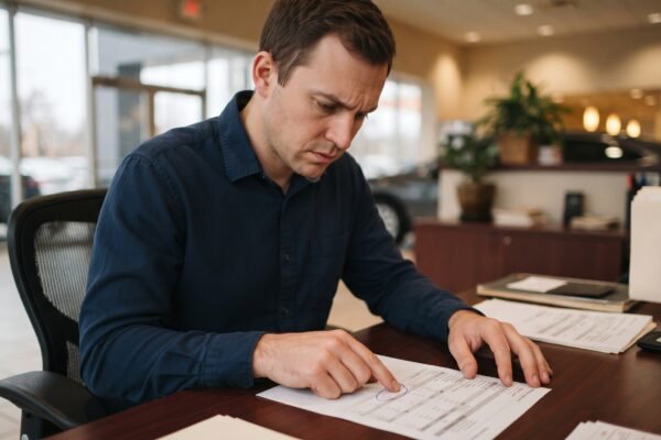 A man in his early thirties at a car dealership finance desk studying a printed credit report with one charge-off line circled in blue pen