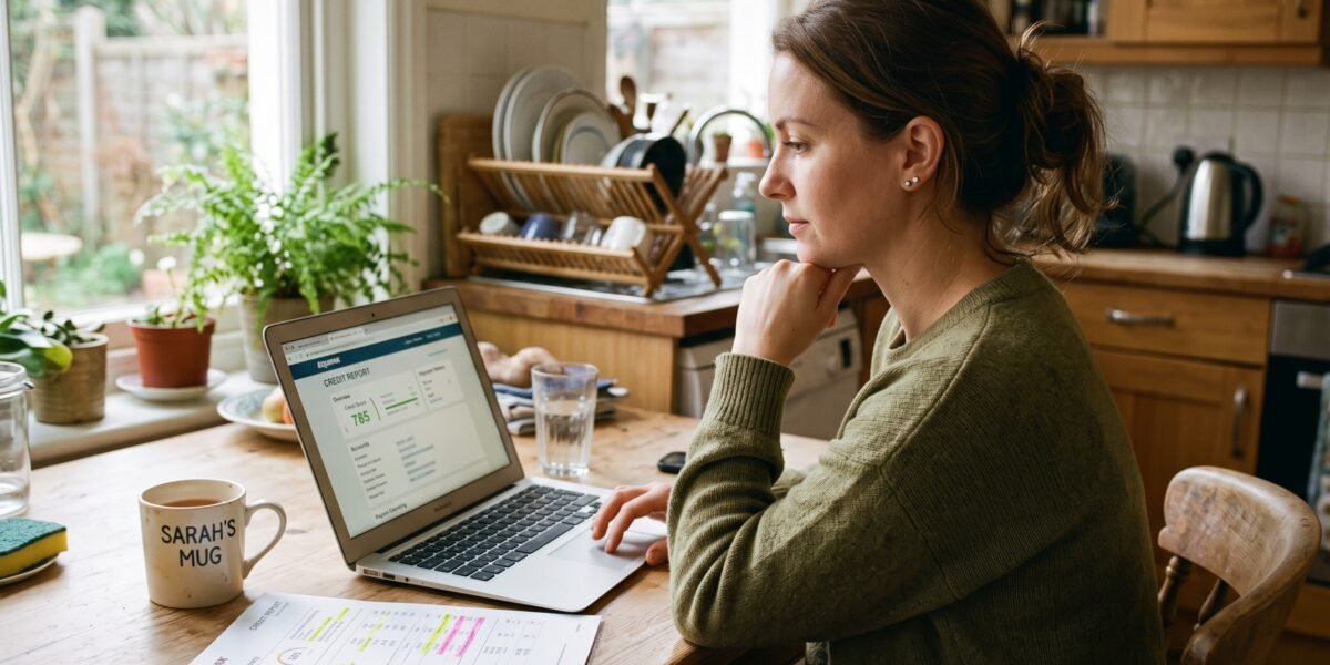 A woman at her kitchen table reviewing her credit report and a printed dispute letter on a weekday morning