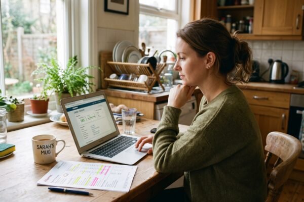 A woman at her kitchen table reviewing her credit report and a printed dispute letter on a weekday morning