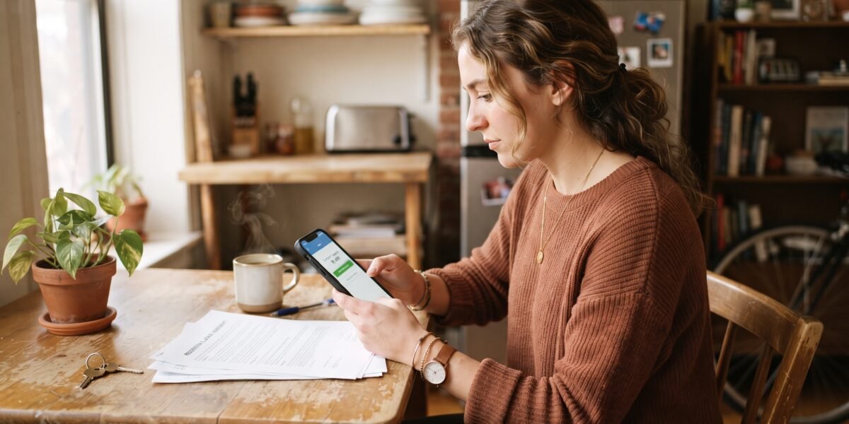 A renter checking a rent payment app on their phone at a kitchen table, with a printed lease nearby
