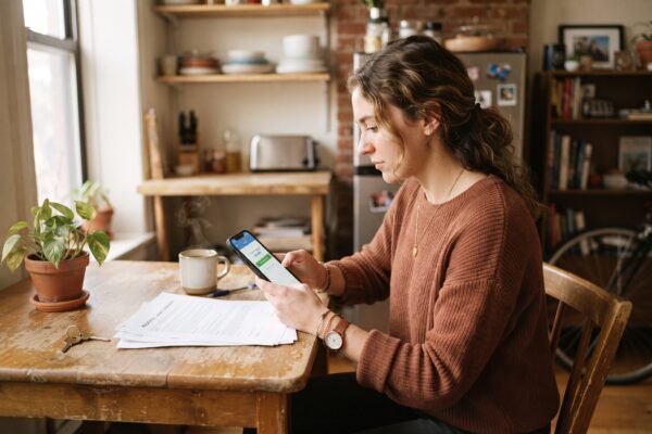 A renter checking a rent payment app on their phone at a kitchen table, with a printed lease nearby