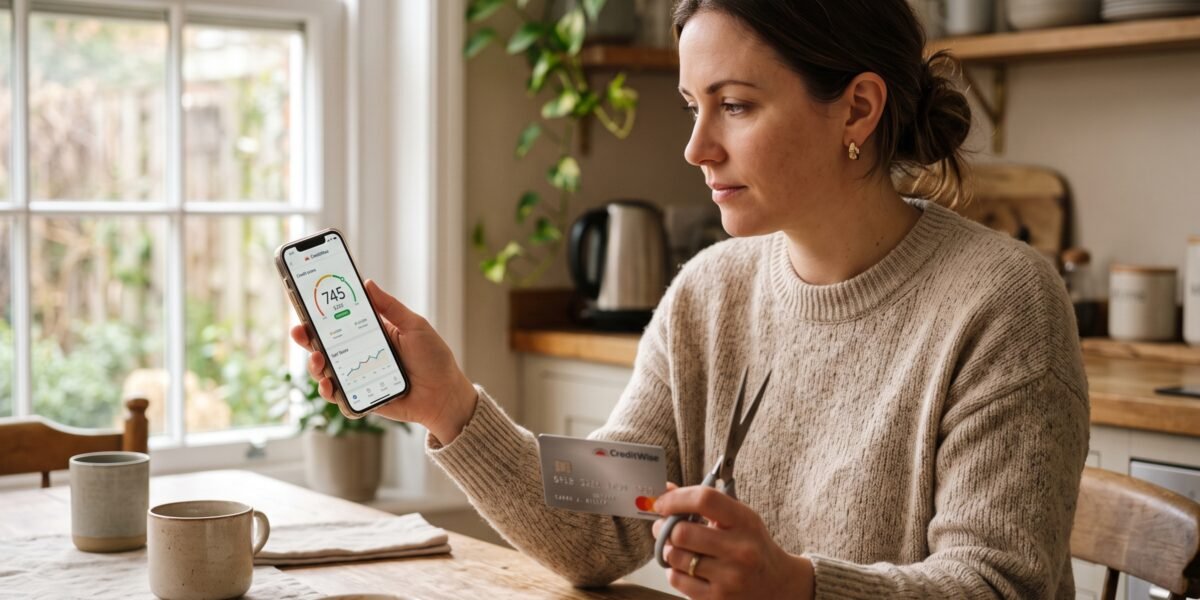 A woman at her kitchen table holding scissors near a credit card while checking her credit score on her phone