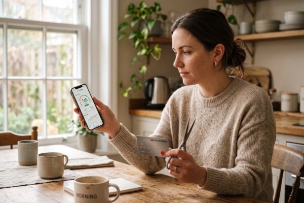 A woman at her kitchen table holding scissors near a credit card while checking her credit score on her phone