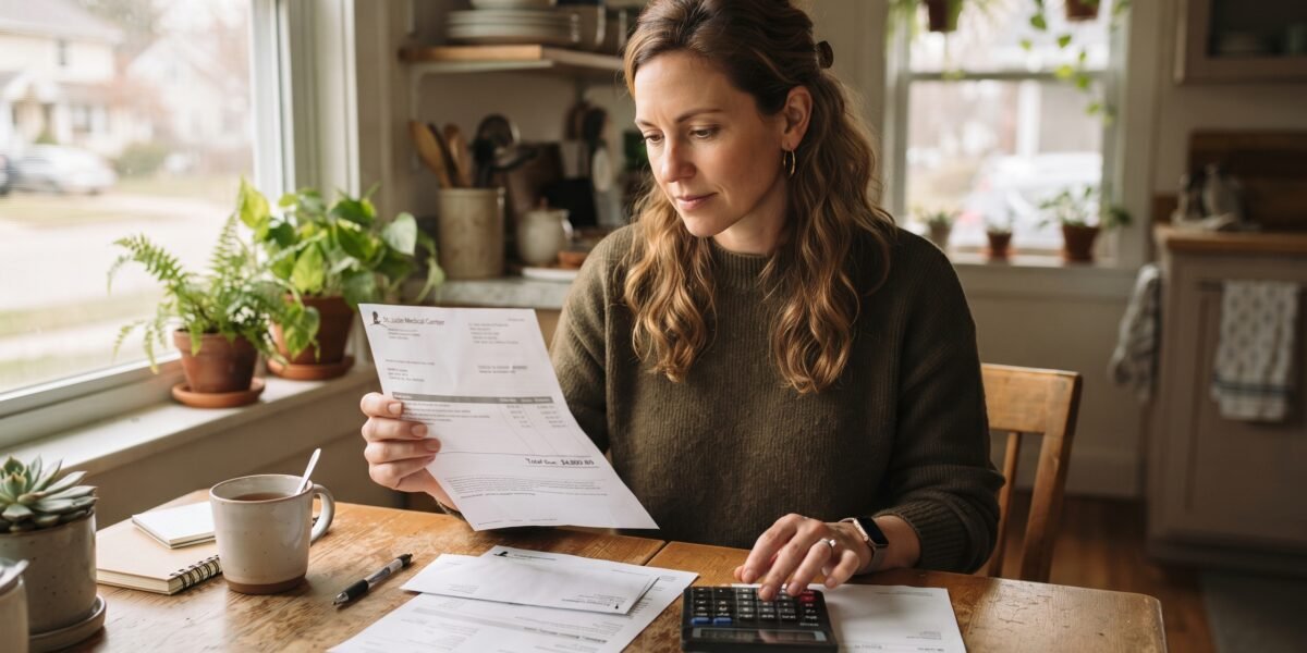 A woman at her kitchen table reviewing a hospital bill and calculating what she owes