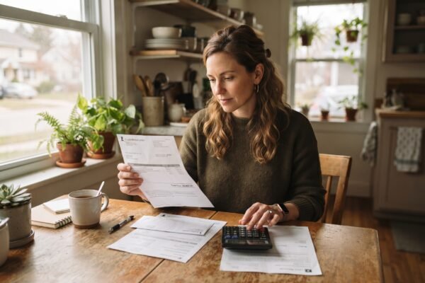 A woman at her kitchen table reviewing a hospital bill and calculating what she owes