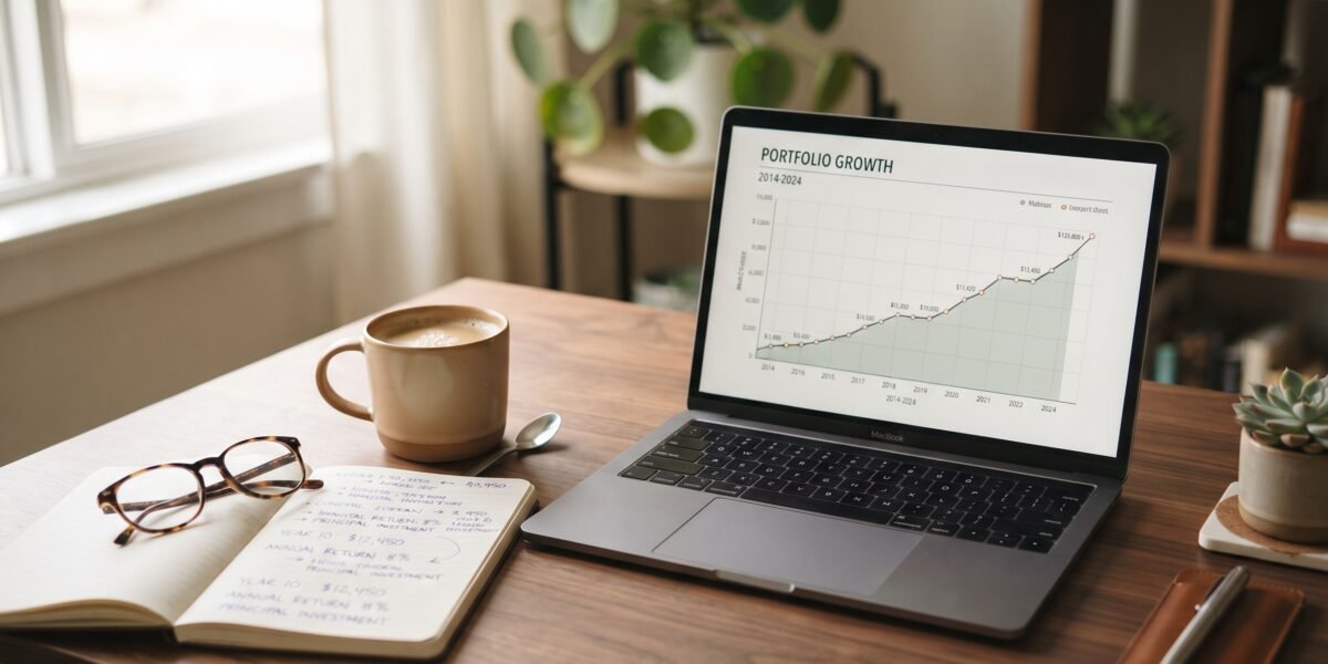 Home office desk with a laptop showing an investment portfolio growth chart, a notebook with compound interest calculations, and coffee, representing long-term passive income investing