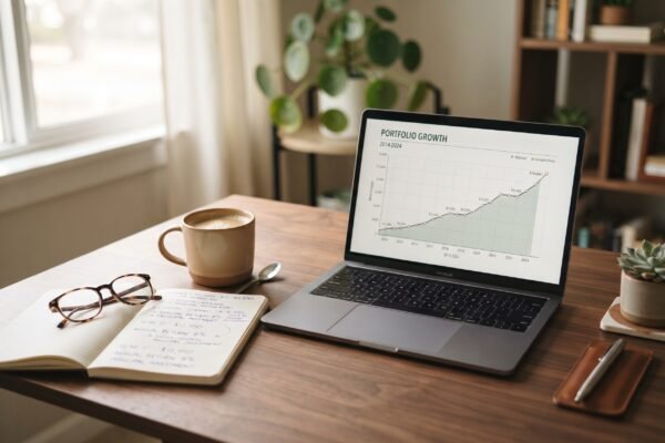 Home office desk with a laptop showing an investment portfolio growth chart, a notebook with compound interest calculations, and coffee, representing long-term passive income investing