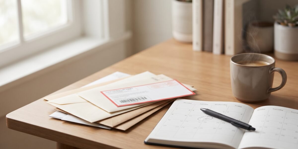 Desk scene with envelopes, a certified mail receipt, and a calendar, representing tracking the statute of limitations deadline on old debt