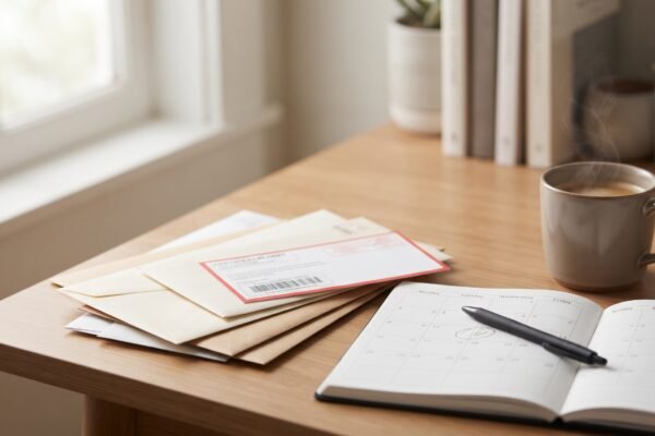 Desk scene with envelopes, a certified mail receipt, and a calendar, representing tracking the statute of limitations deadline on old debt