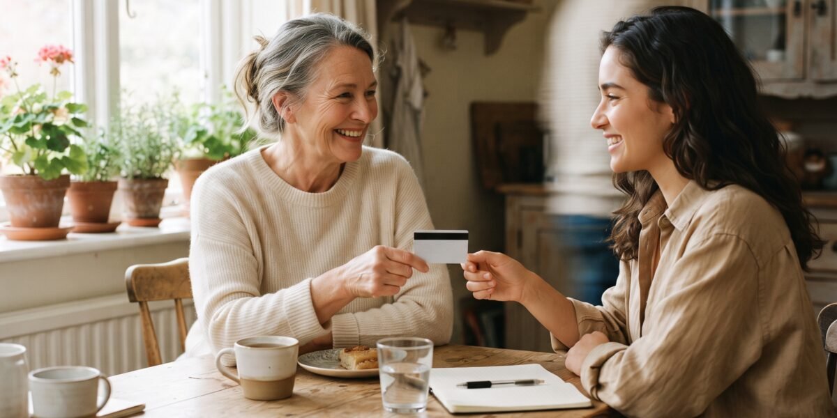 Two people at a kitchen table, one handing the other a credit card as an authorized user gesture