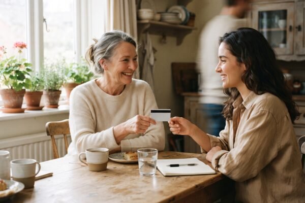 Two people at a kitchen table, one handing the other a credit card as an authorized user gesture
