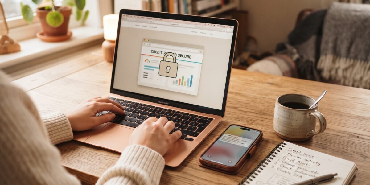 Laptop and phone on a home desk showing a credit report lock icon and a fraud alert text notification, next to coffee and handwritten notes