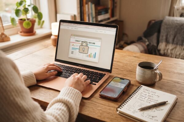 Laptop and phone on a home desk showing a credit report lock icon and a fraud alert text notification, next to coffee and handwritten notes