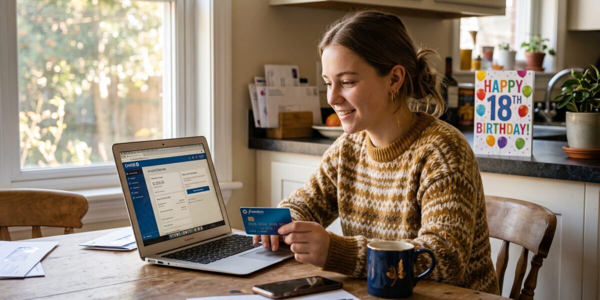 An 18-year-old at a kitchen table checking a bank app on a laptop beside a new credit card