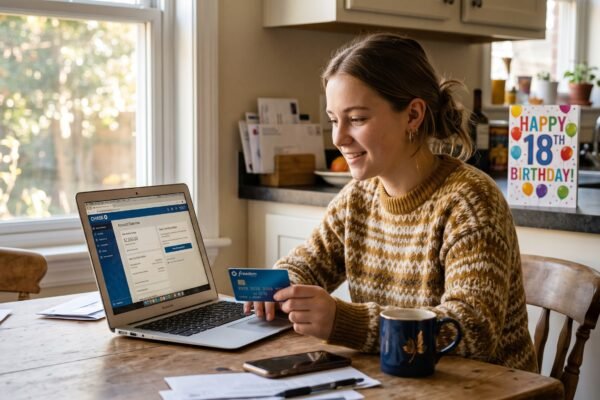 An 18-year-old at a kitchen table checking a bank app on a laptop beside a new credit card