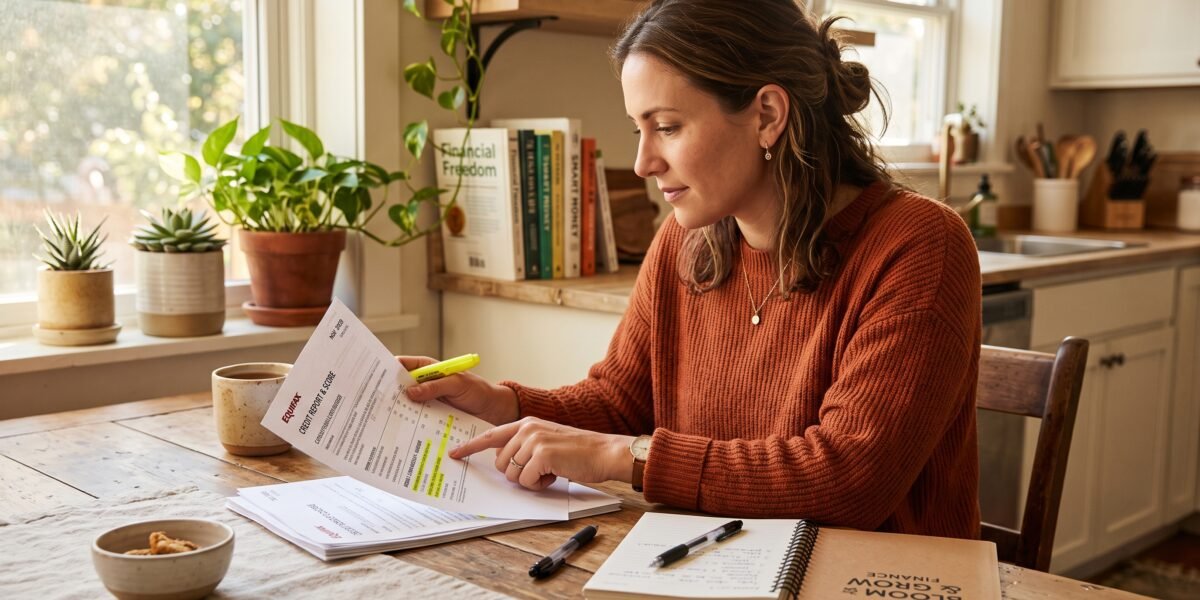 A woman reviewing a highlighted collection account on her printed credit report at her kitchen table