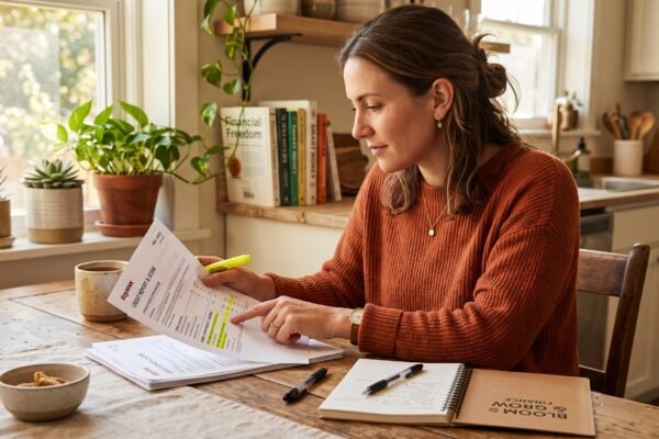 A woman reviewing a highlighted collection account on her printed credit report at her kitchen table