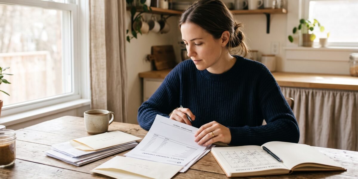 Woman reviewing a consolidated debt management plan payment statement and notebook at her kitchen table