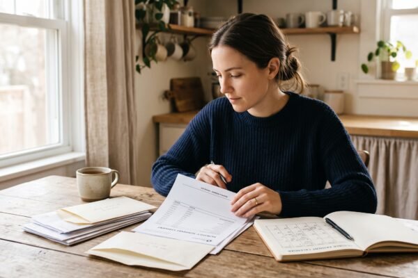 Woman reviewing a consolidated debt management plan payment statement and notebook at her kitchen table