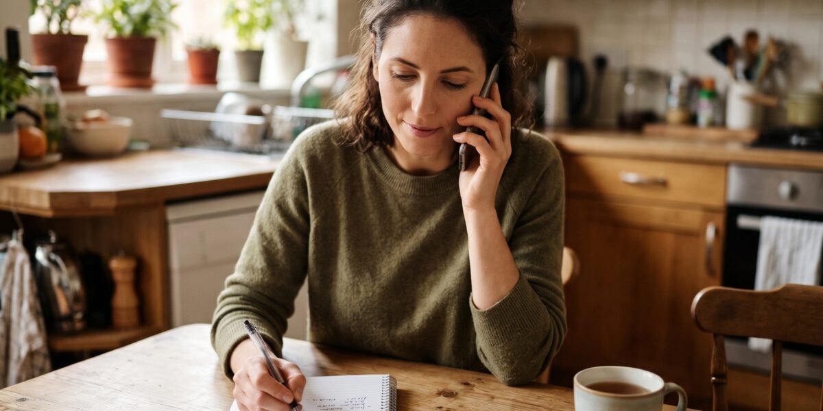 A woman sitting at her kitchen table on the phone with a credit card and notepad, negotiating a lower interest rate with her card issuer
