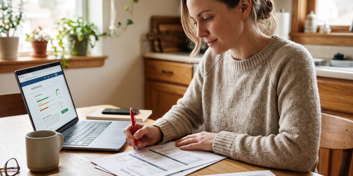 Person at a kitchen table reviewing a printed credit report and preparing a certified mail dispute letter