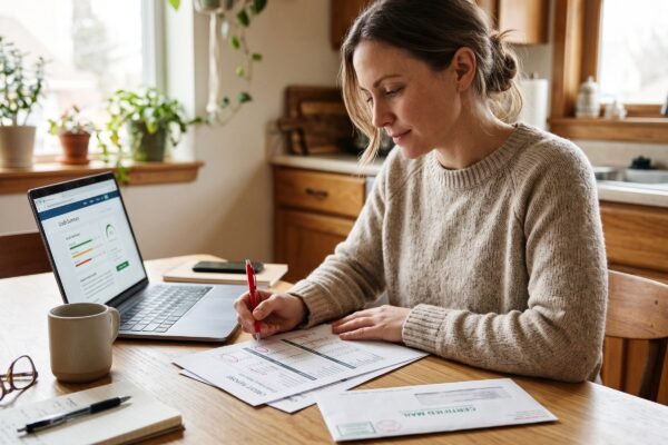Person at a kitchen table reviewing a printed credit report and preparing a certified mail dispute letter