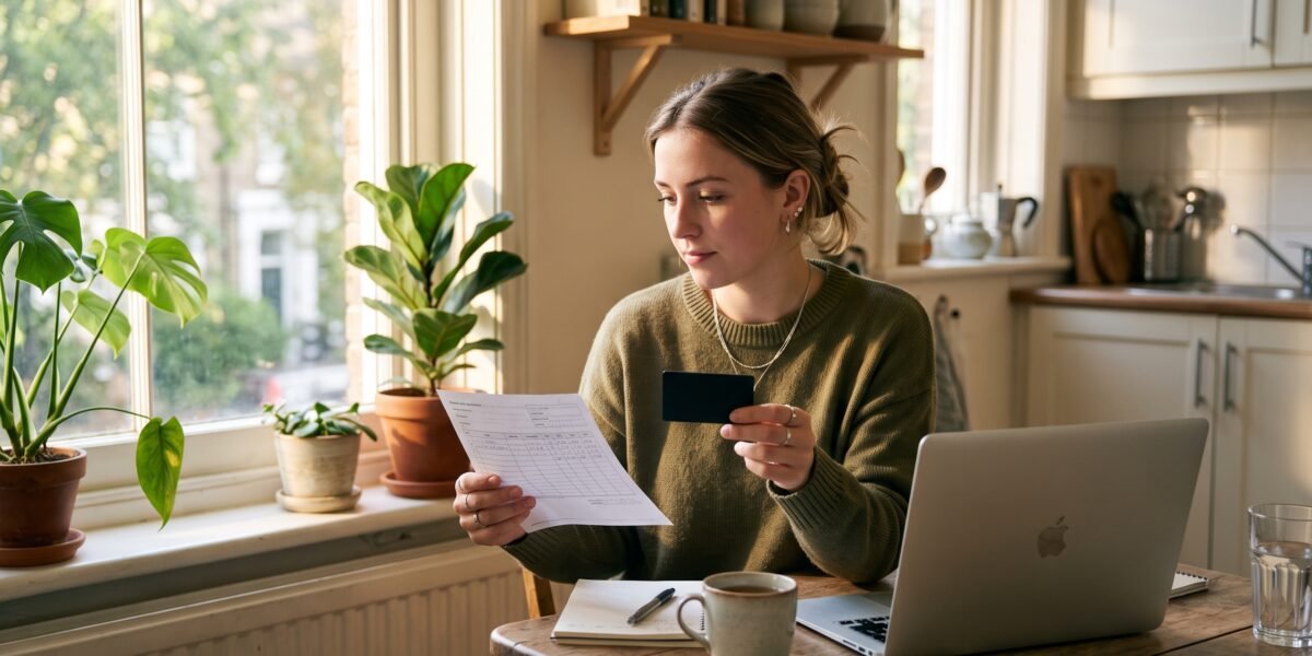 A young adult reviewing a secured credit card and bank deposit slip at a kitchen table