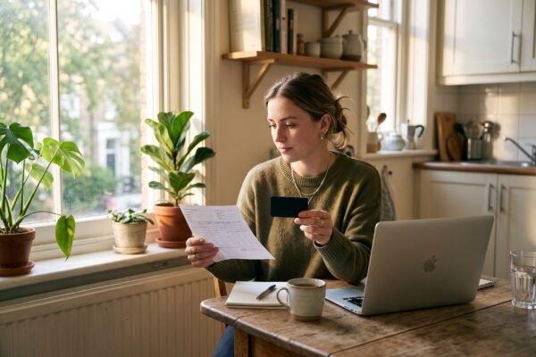A young adult reviewing a secured credit card and bank deposit slip at a kitchen table