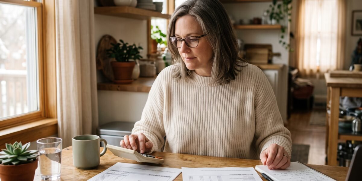 Person reviewing a medical bill and credit report side by side at a kitchen table with a calculator