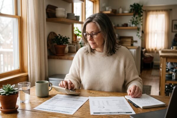 Person reviewing a medical bill and credit report side by side at a kitchen table with a calculator